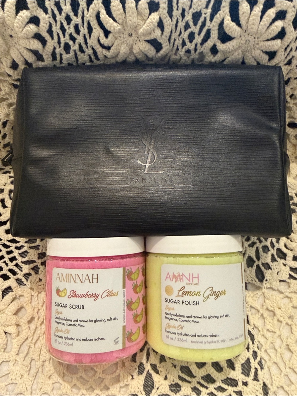 Aminnah Strawberry Citrus & Lemon Ginger Sugar Scrub Duo With YSL Toiletry Bag